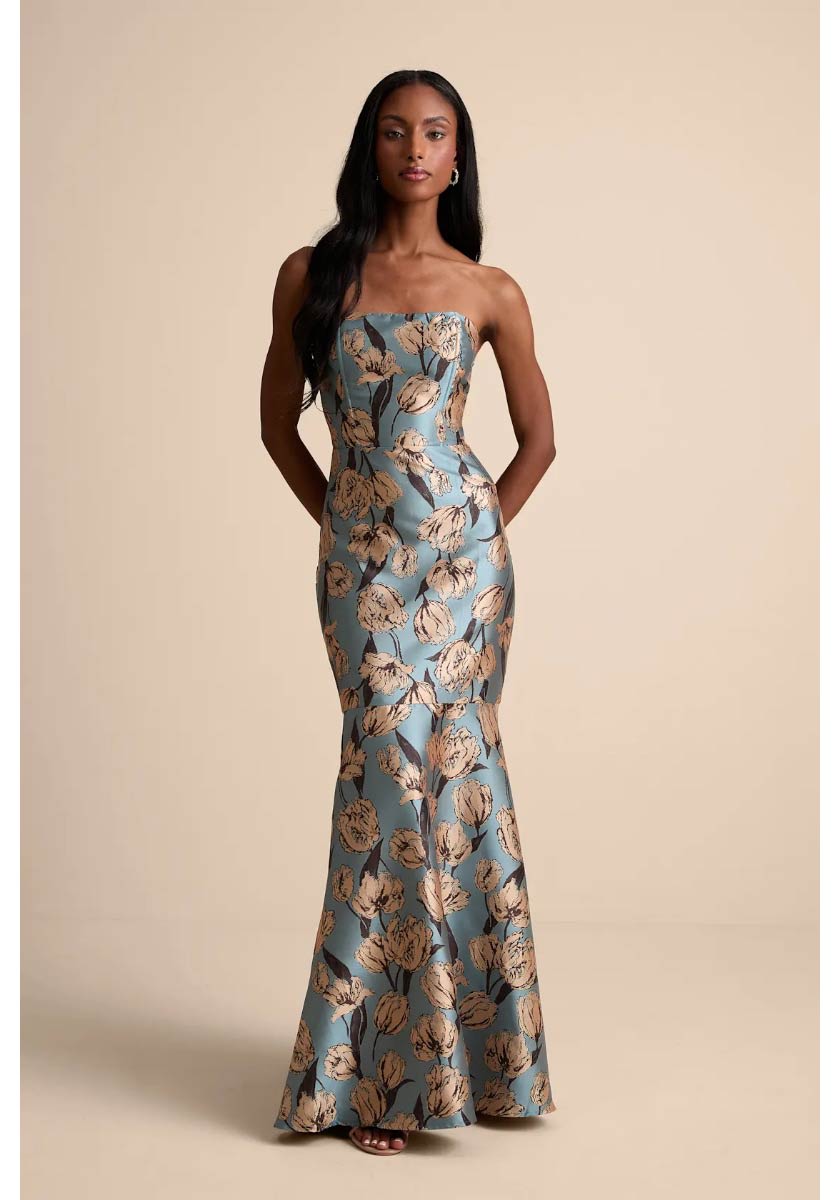 Gowning Around Slate Blue Floral Jacquard Strapless Maxi Dress