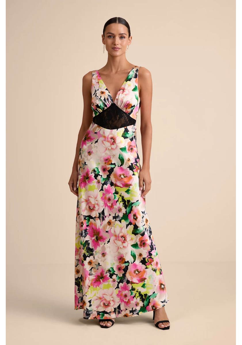 Solaina Pink and Black Multi Floral Satin Lace Maxi Dress
