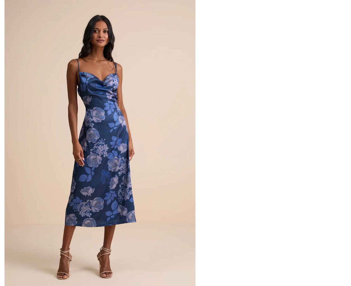 Favorite Icon Dark Blue Floral Satin Cowl Neck Slip Midi Dress
