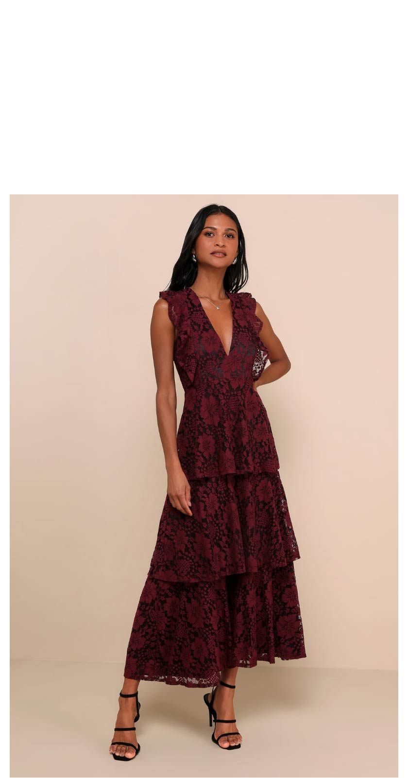 Molinetto Burgundy Lace Ruffled Tiered Sleeveless Maxi Dress