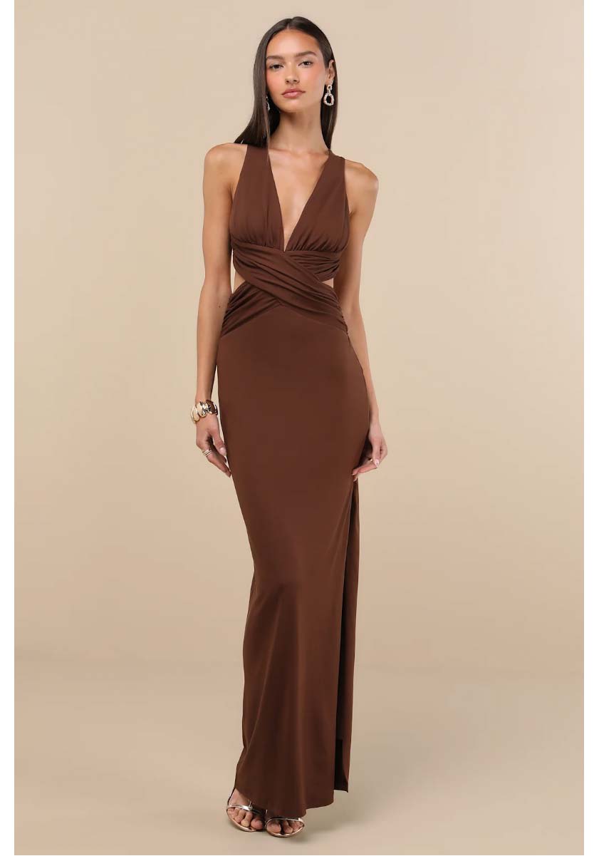 Alexandria Brown Backless Column Maxi Dress