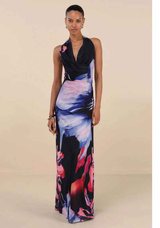 Rania Black Multi Floral Mesh Backless Maxi Dress