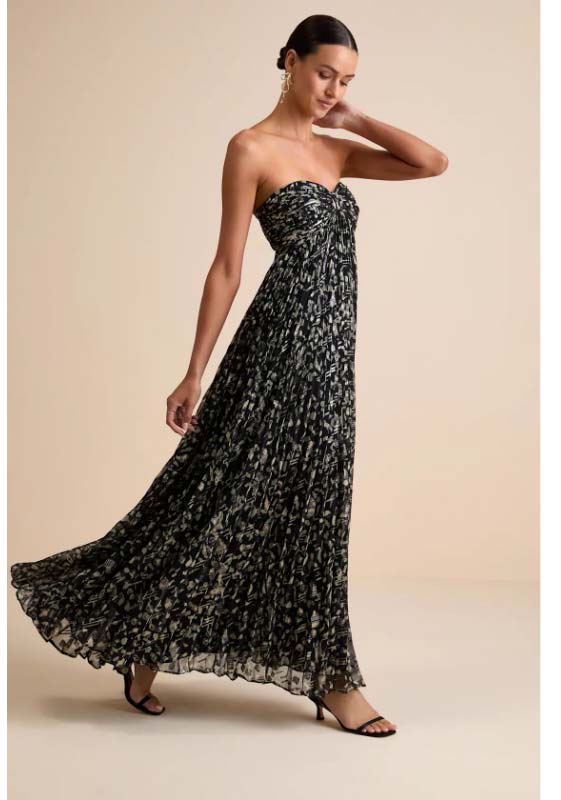 Lynwen Black Abstract Pleated Strapless Maxi Dress