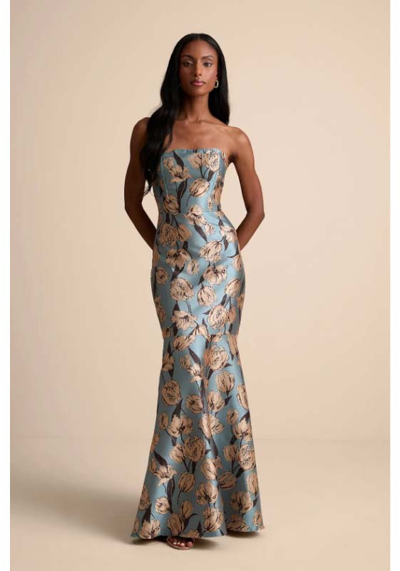 Gowning Around Slate Blue Floral Jacquard Strapless Maxi Dress