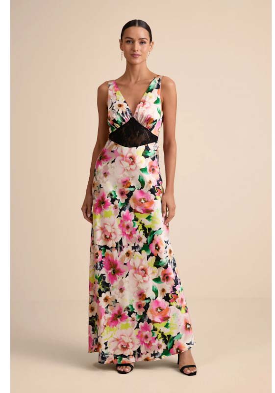 Solaina Pink and Black Multi Floral Satin Lace Maxi Dress