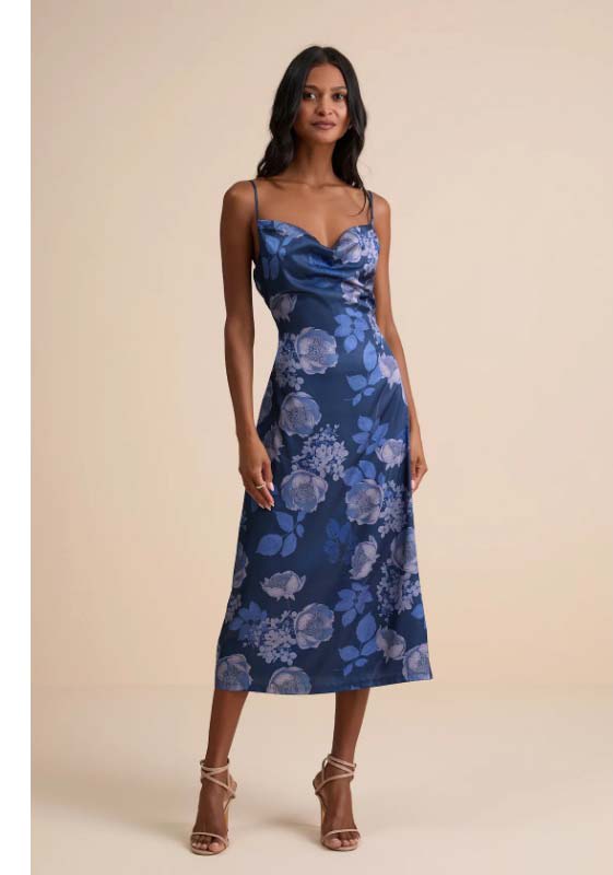 Favorite Icon Dark Blue Floral Satin Cowl Neck Slip Midi Dress