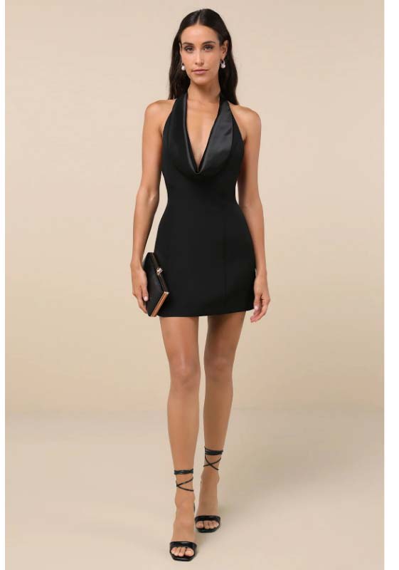 Perfected Finesse Black Cowl Halter A-Line Mini Dress