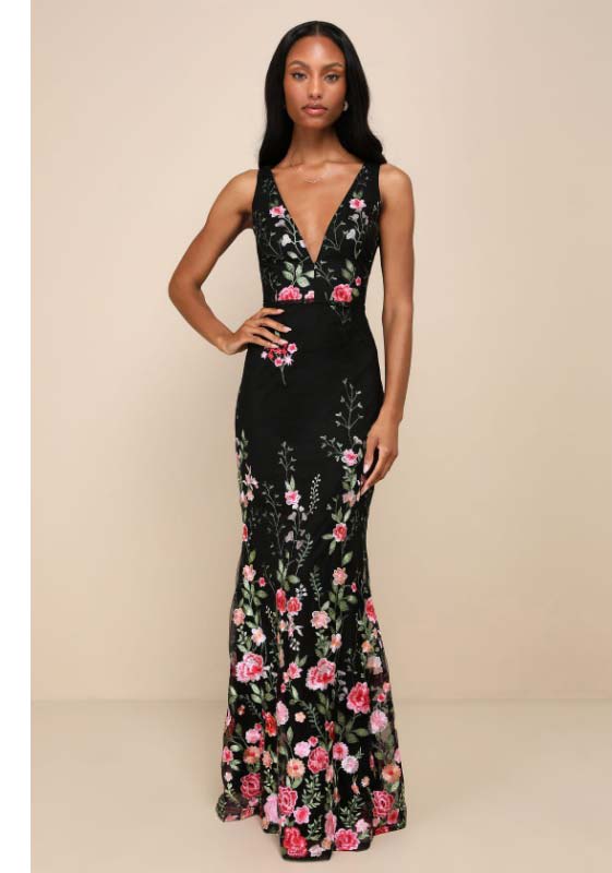 Soiree Blossom Black Floral Embroidered Mermaid Maxi Dress