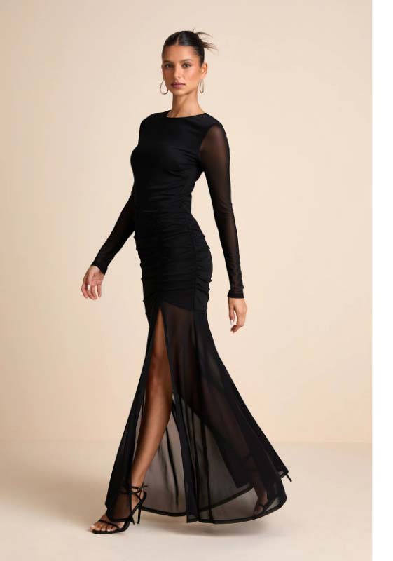 Vibrant Poise Black Mesh Ruched Maxi Dress