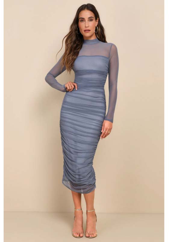 Impressive Flirt Slate Blue Mesh Ruched Mock Neck Midi Dress