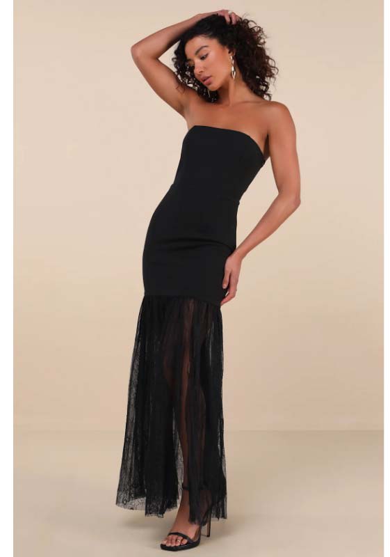 Vesna Black Mixed Media Strapless Maxi Dress