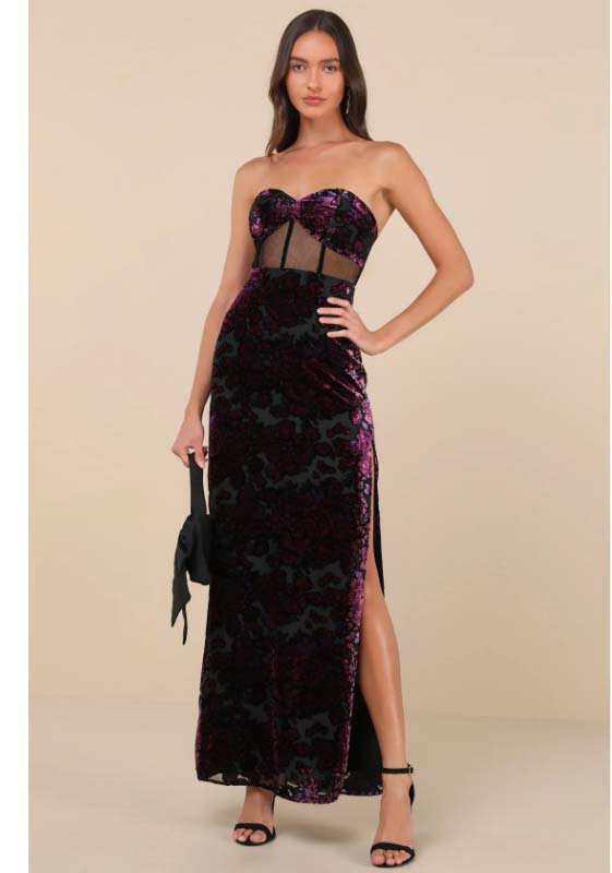 Breathtaking View Black Mesh Burnout Velvet Strapless Maxi Dress