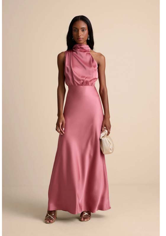 Distinctive Charm Rose Pink Satin Asymmetrical Maxi Dress