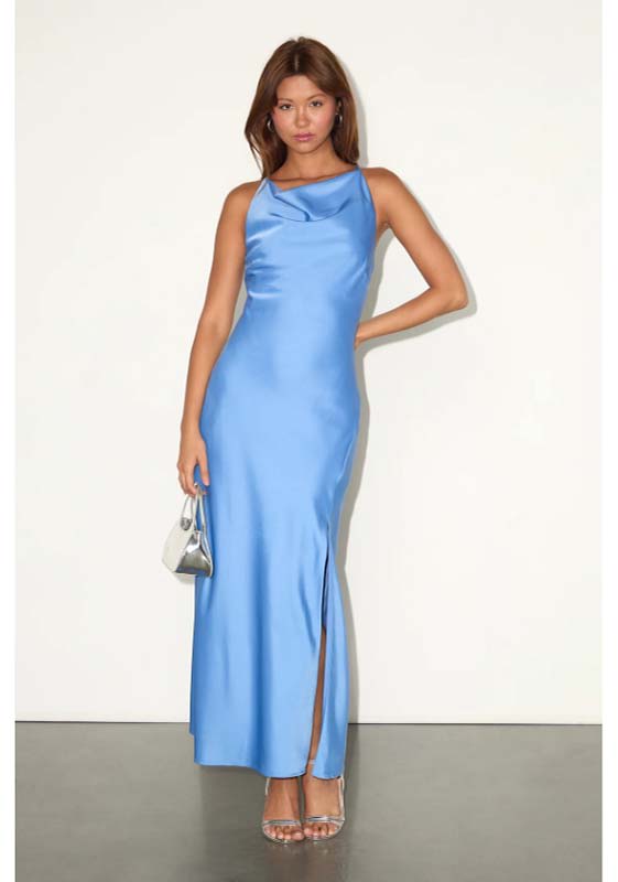Elynne Light Blue Satin Cowl Neck Maxi Dress