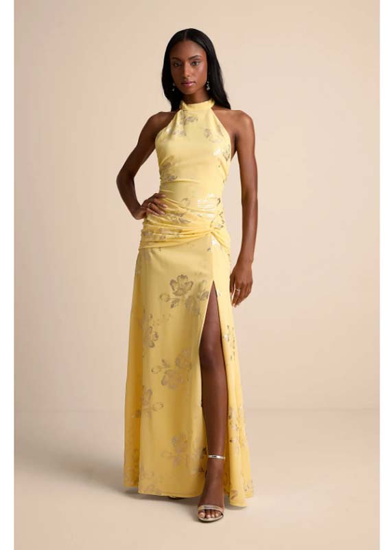Dayana Yellow Metallic Floral Backless Maxi Dress