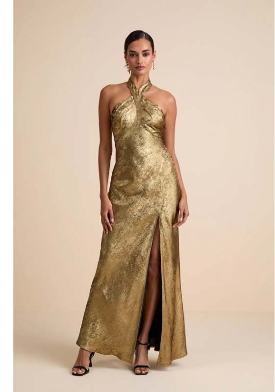 Knoxley Shiny Gold Lurex Cross-Front Halter Maxi Dress