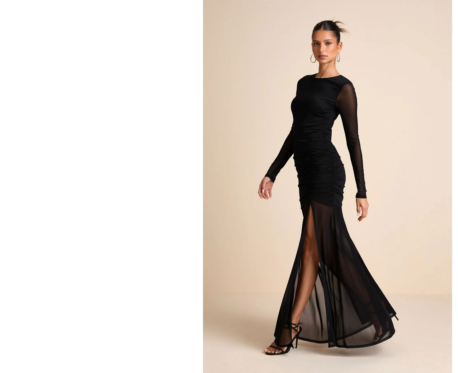 Vibrant Poise Black Mesh Ruched Maxi Dress