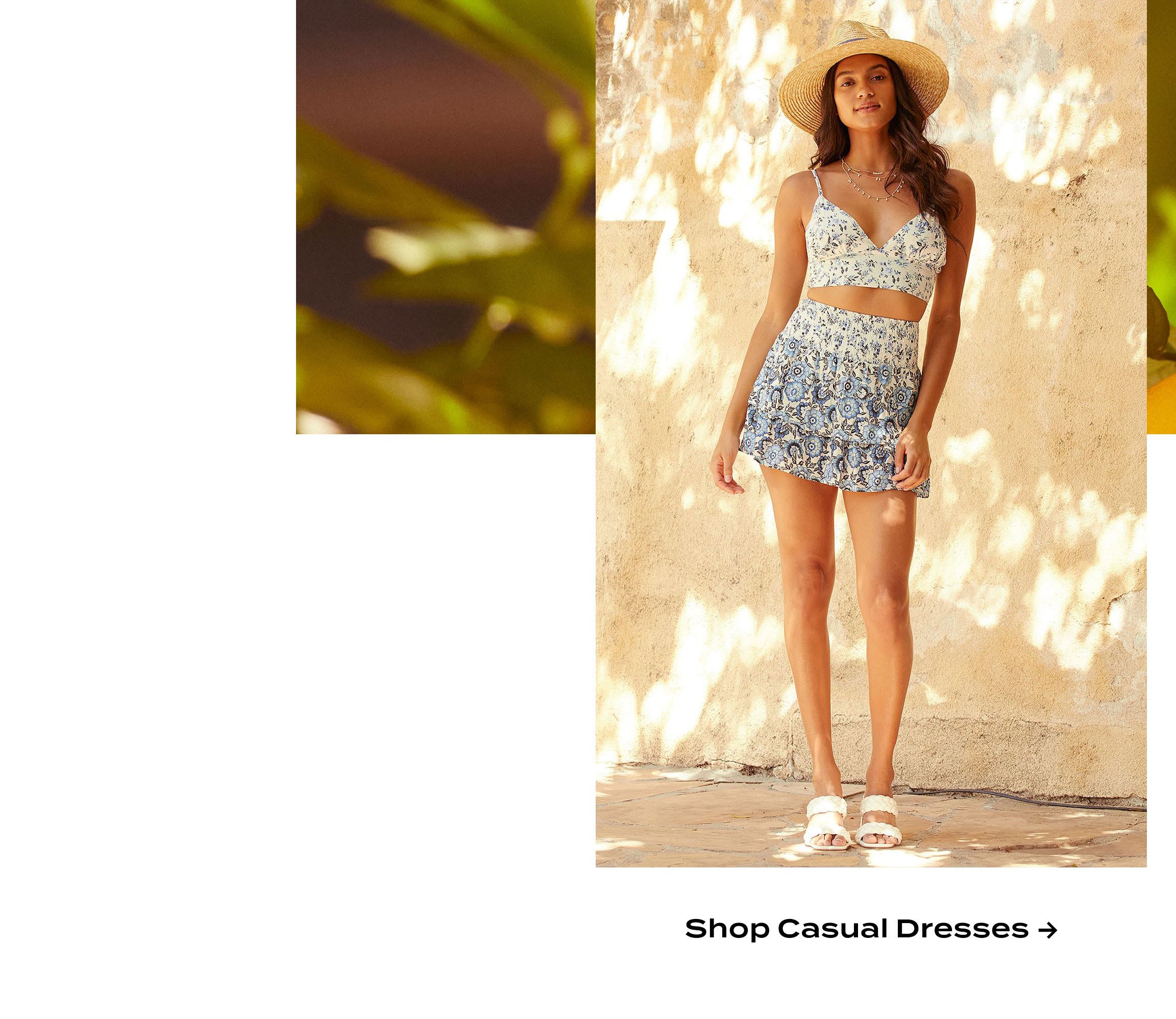 Model wearing white multi floral print two-piece dress