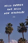The gift card image, showing the text "Hello summer and hello new wardrobe" in white lettering over a photo of palm trees and a blue sky