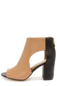 Report Signature Bryanna Tan and Black Cutout Peep Toe Booties at Lulus.com!