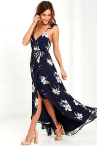 All Mine Navy Blue Floral Print High-Low Wrap Dress at Lulus.com!