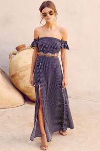 DREAM LOVE NAVY BLUE POLKA DOT OFF-THE-SHOULDER MAXI DRESS at Lulus.com!