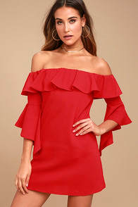 Showcase Your Talent Red Off-the-Shoulder Dress at Lulus.com!