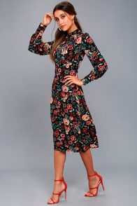 RETRO READY BLACK FLORAL PRINT LONG SLEEVE MIDI DRESS at Lulus.com!