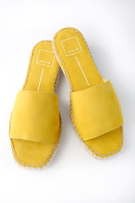 BOBBI YELLOW SUEDE LEATHER ESPADRILLE SLIDES at Lulus.com!