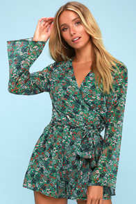 VIRIDIAN GREEN FLORAL PRINT LONG SLEEVE WRAP ROMPER at Lulus.com!