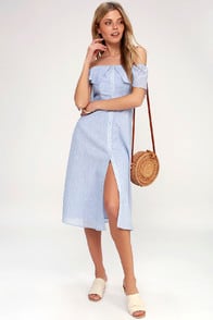 Jeanne Blue and White Striped Off-the-Shoulder Midi Dress at Lulus.com!
