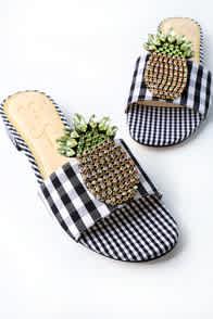 CRIZMA BLACK AND WHITE GINGHAM RHINESTONE SLIDE SANDALS at Lulus.com!