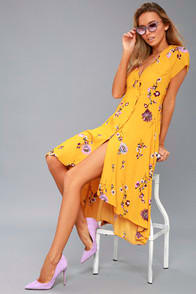 Lost in You Golden Yellow Floral Print Midi Dress at Lulus.com!