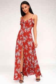 Bloom On Rust Red Floral Print Maxi Dress at Lulus.com!