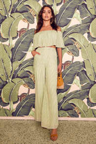 BIRCH SAGE GREEN STRIPED OFF-THE-SHOULDER TWO-PIECE JUMPSUIT at Lulus.com!