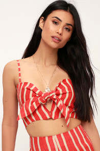 De Fiori Coral Orange Striped Tie-Front Crop Top at Lulus.com!