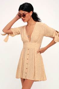 BIRGIT BEIGE POLKA DOT MINI DRESS at Lulus.com!