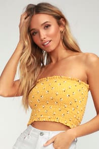 Be Pacific Yellow Floral Print Strapless Crop Top at Lulus.com!
