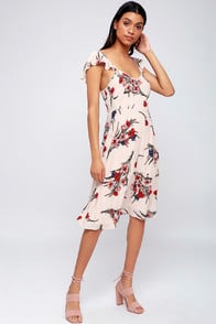 Take A Bow-Quet Blush Floral Print Midi Dress at Lulus.com!