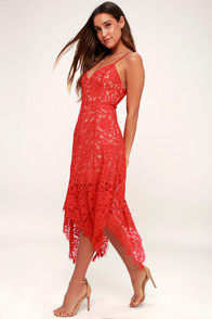 One Wish Red Lace Midi Dress at Lulus.com!
