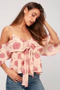 Robina Blush Pink Floral Print Tie Front Off the Shoulder Top at Lulus.com!