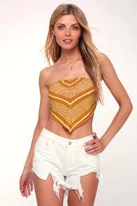 CATCH A WAVE MUSTARD YELLOW PRINT STRAPLESS HANDKERCHIEF TOP at Lulus.com!