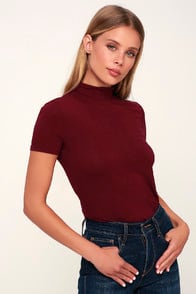 BEDFORD BURGUNDY MOCK NECK TOP at Lulus.com!