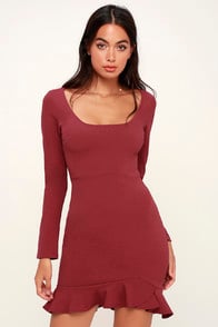 MARGOT RUST RED RUFFLED LONG SLEEVE DRESS at Lulus.com!