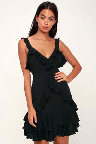 CARMELA BLACK RUFFLED MINI DRESS at Lulus.com!