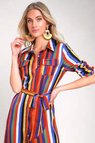Amuse Me Rainbow Striped Long Sleeve Midi Shirt Dress at Lulus.com!