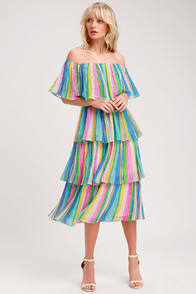 Gala Ready Multi Stripe Print Off-the-Shoulder Ruffle Midi Dress at Lulus.com!