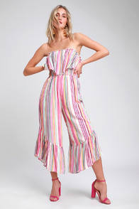 Moonstone Beach Pink Multi Striped Strapless Culotte Jumpsuit at Lulus.com!