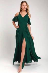 Easy Listening Forest Green Off-the-Shoulder Wrap Maxi Dress at Lulus.com!