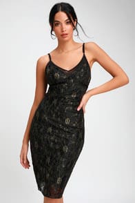 Shine In The Night Black and Gold Lace Midi Dress at Lulus.com!